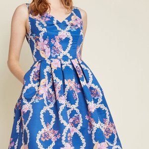 ModCloth Blue Fit and Flare Dress in Floral Helix